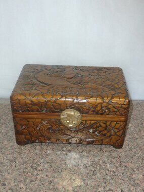 Vintage Carved Wooden Box With Birds And Florals 9x6x4 inches